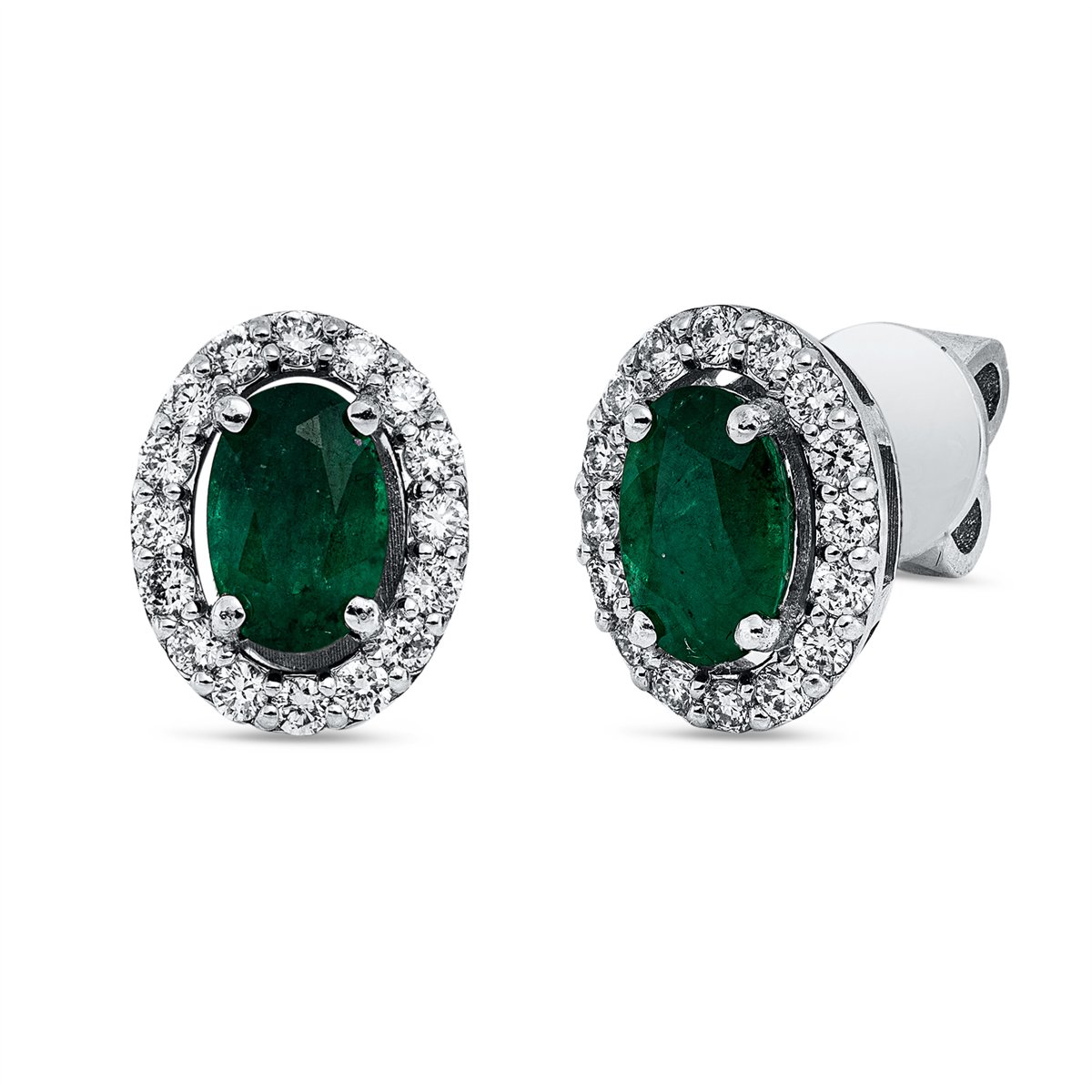 diamond full cut emerald colored stone classic studs in white gold