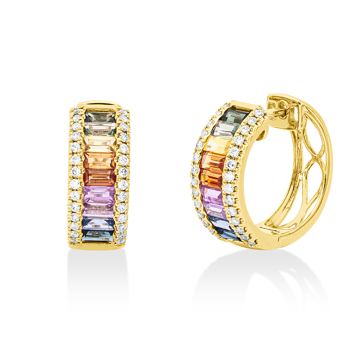 diamond full cut sapphire rainbow & multicolor hoops & huggies in yellow gold