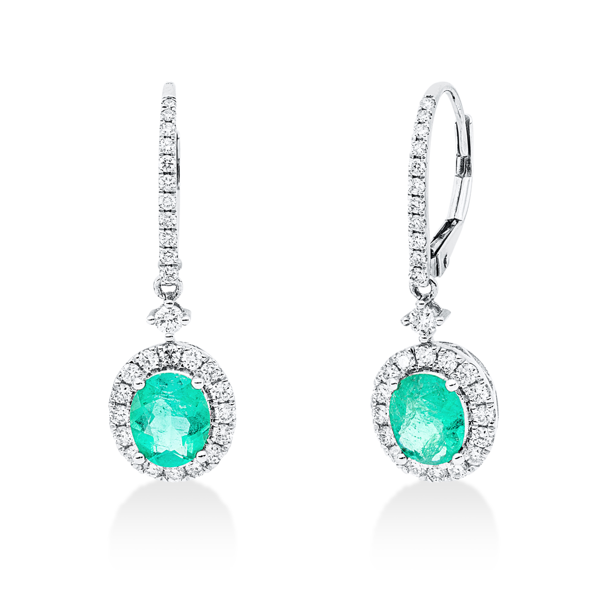 diamond full cut emerald colored stone classic earrings in white gold