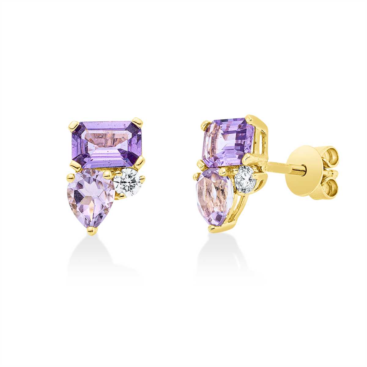 diamond full cut amethyst colored stone classic studs in yellow gold
