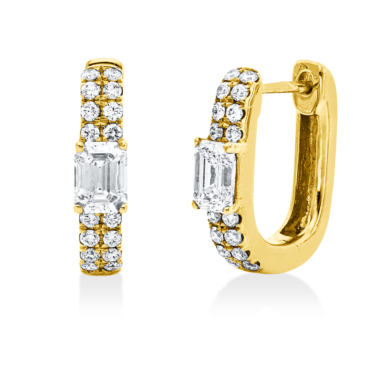diamond full cut  baguette hoops & huggies in yellow gold