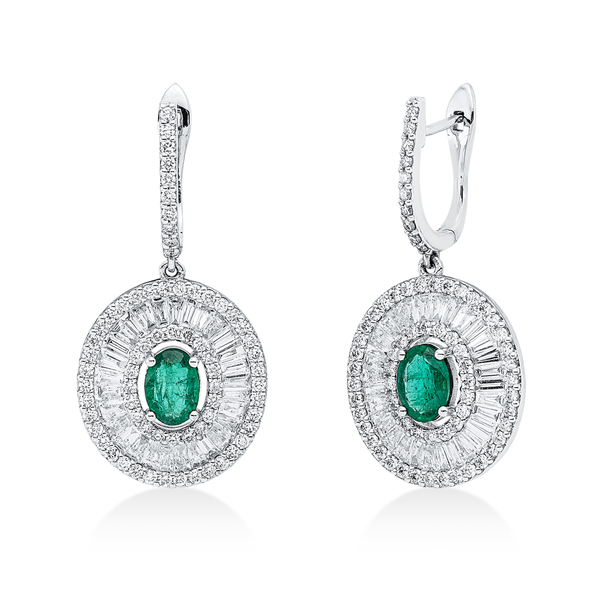 diamond full cut emerald colored stone classic earrings in white gold