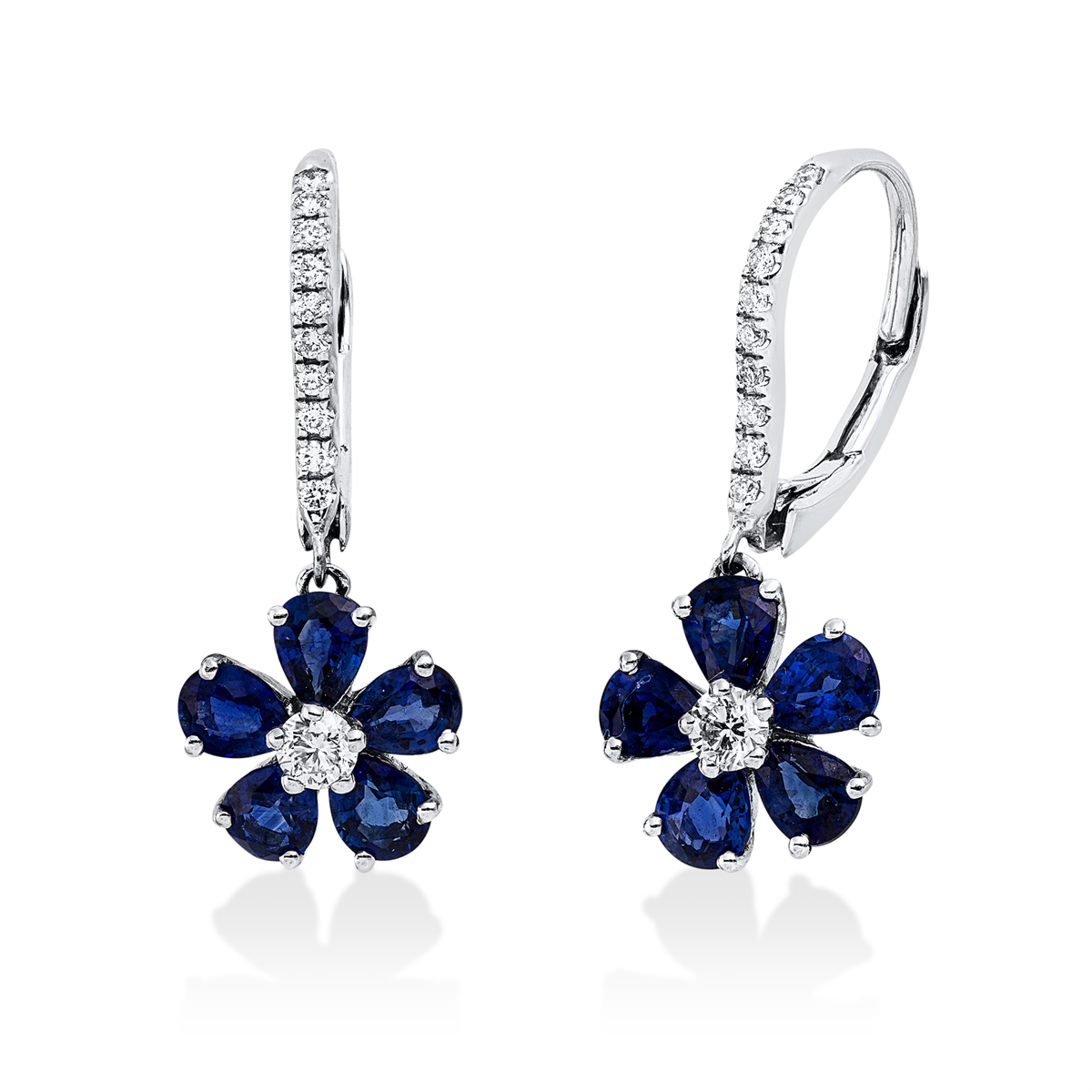 diamond full cut sapphire colored stone classic earrings in white gold