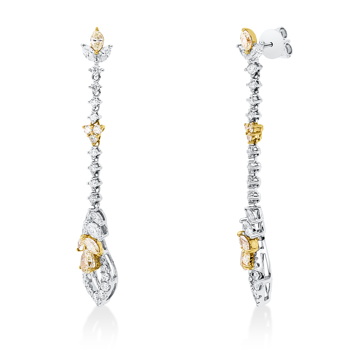 diamond full cut  fancy colored diamond earrings in white gold / yellow gold