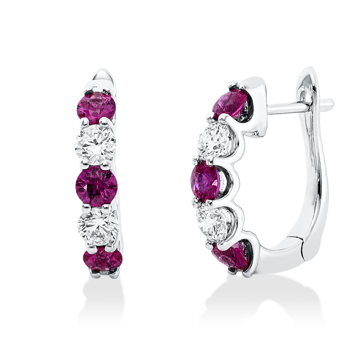 diamond full cut ruby colored stone classic hoops & huggies in white gold