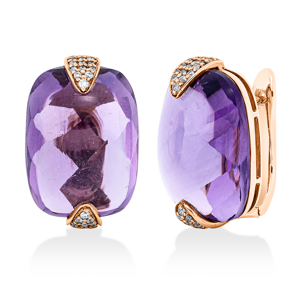 diamond full cut amethyst colored stone fashion hoops & huggies in red gold
