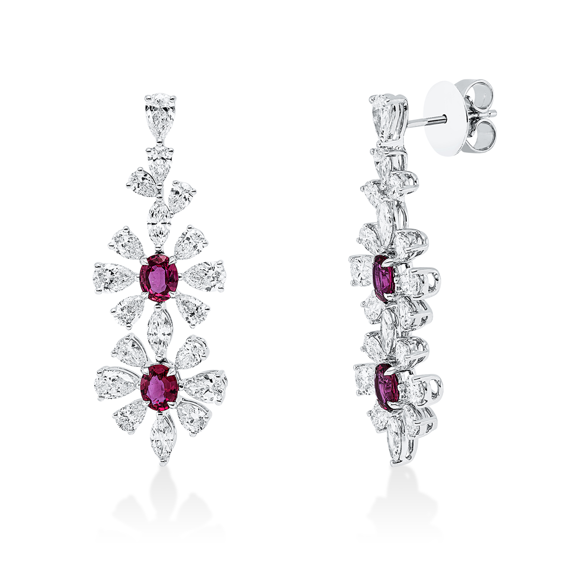 pear shape ruby colored stone classic earrings in white gold
