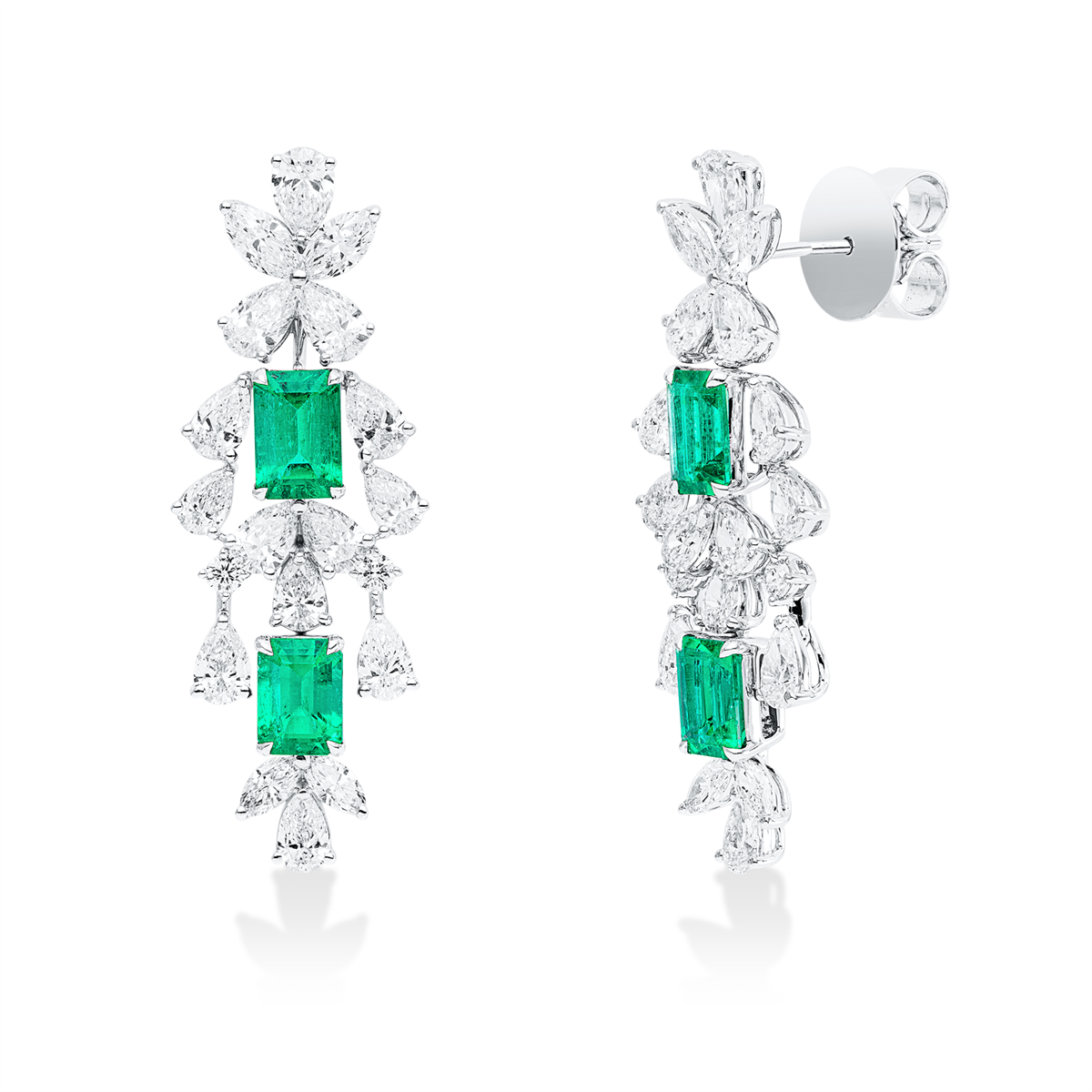 pear shape emerald colored stone classic earrings in white gold