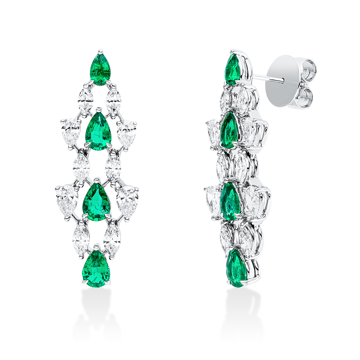 pear shape emerald colored stone classic earrings in white gold