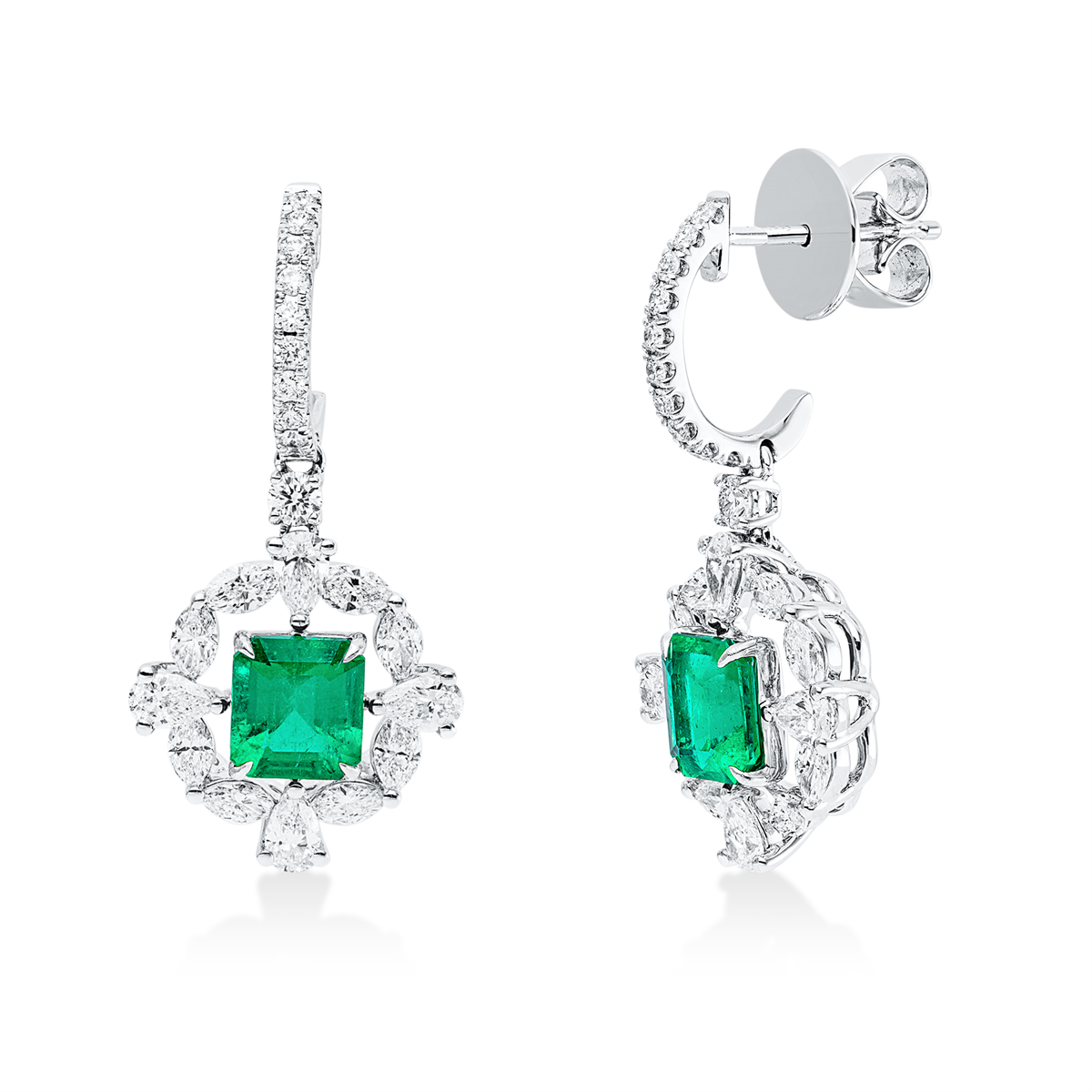 pear shape emerald colored stone classic earrings in white gold
