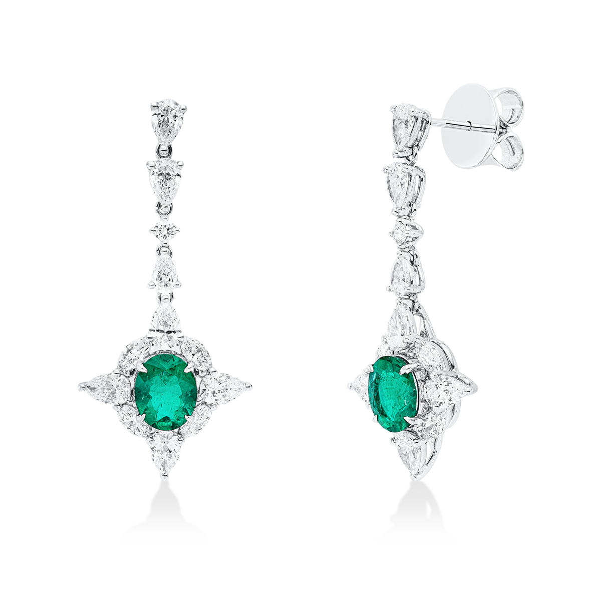 pear shape emerald colored stone classic earrings in white gold