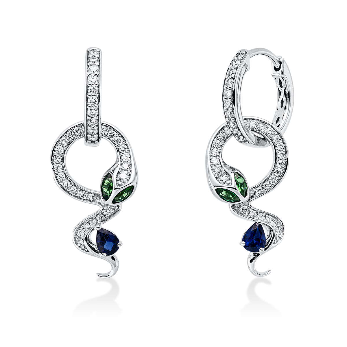 diamond full cut tsavorite animal earrings in white gold