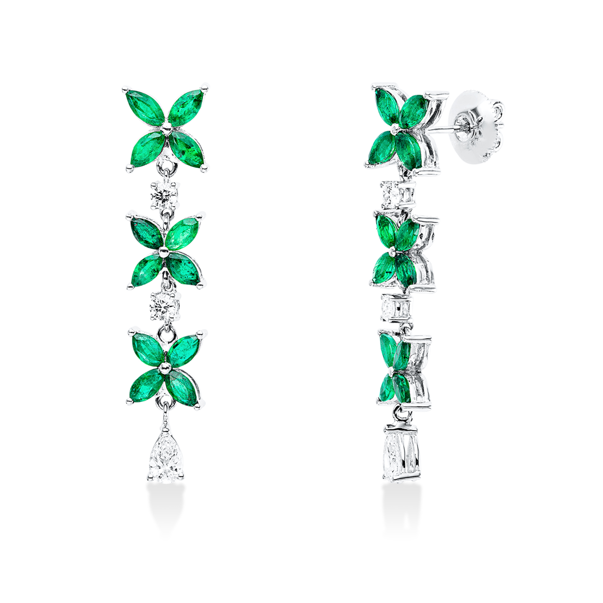 diamond full cut emerald colored stone classic earrings in white gold