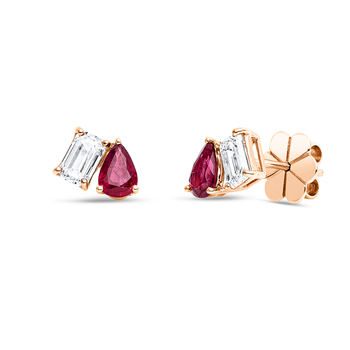 emerald cut ruby colored stone classic studs in red gold