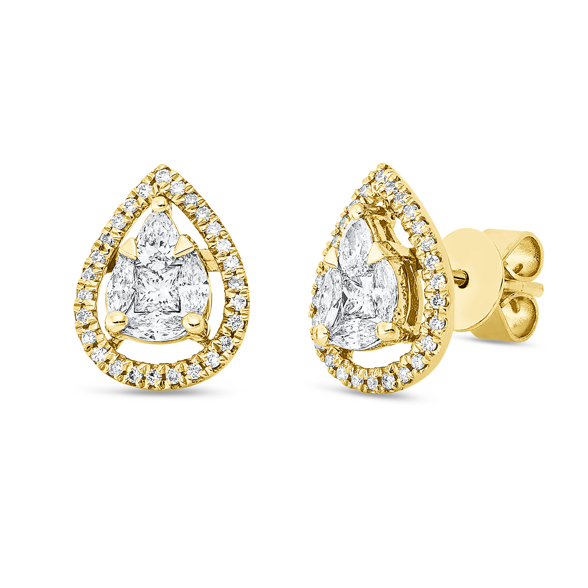 diamond full cut  baguette illusion studs in yellow gold