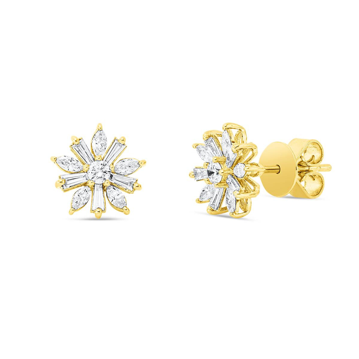 diamond full cut  baguette illusion studs in yellow gold