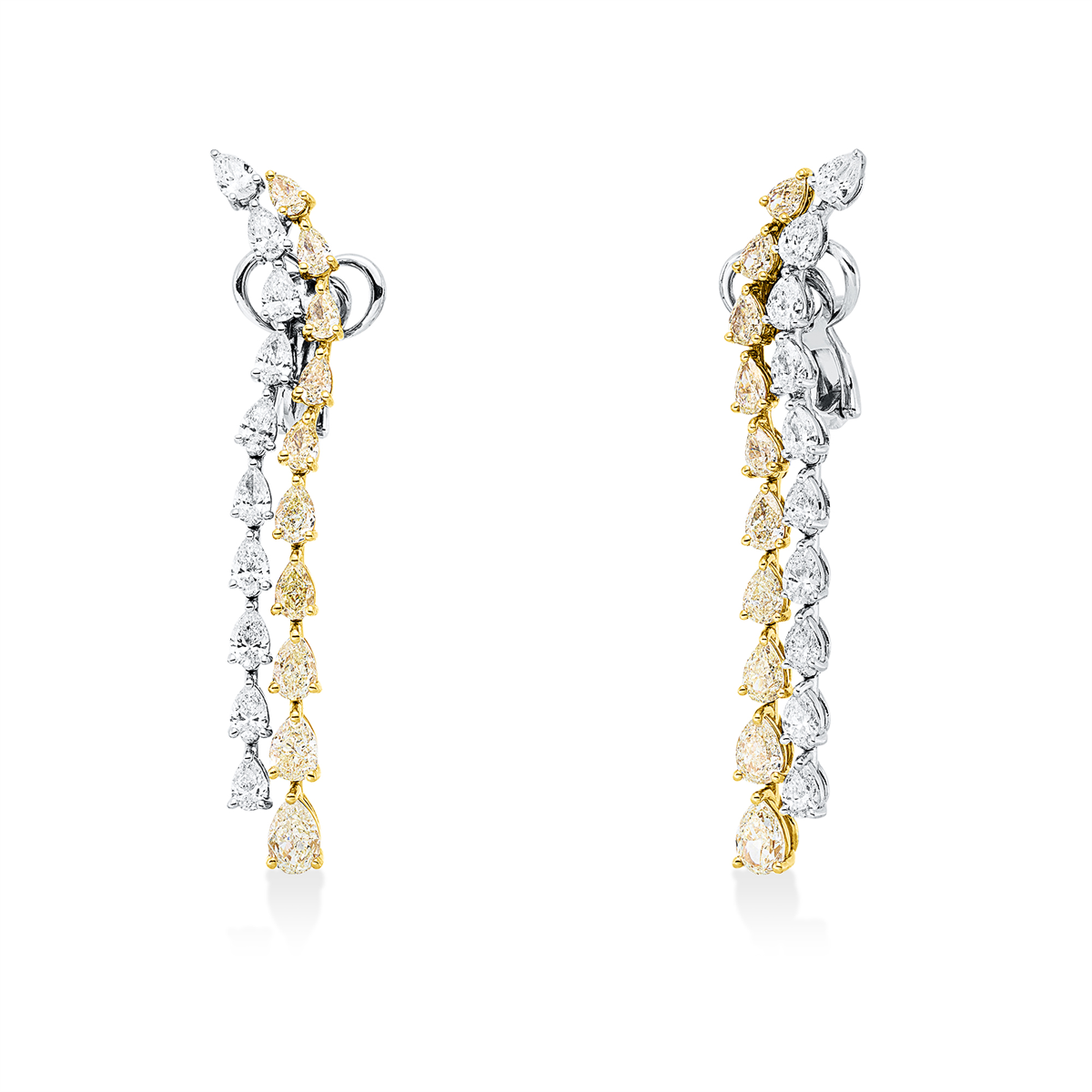 pear shape  fancy colored diamond earrings in white gold / yellow gold