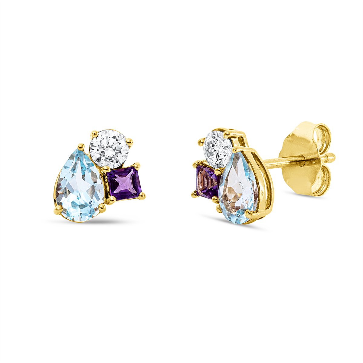 diamond full cut amethyst colored stone fashion studs in yellow gold