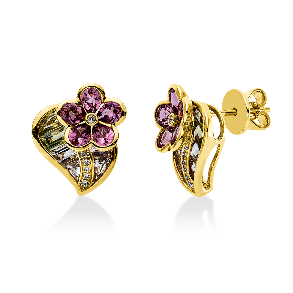 diamond full cut tourmaline colored stone fashion studs in yellow gold