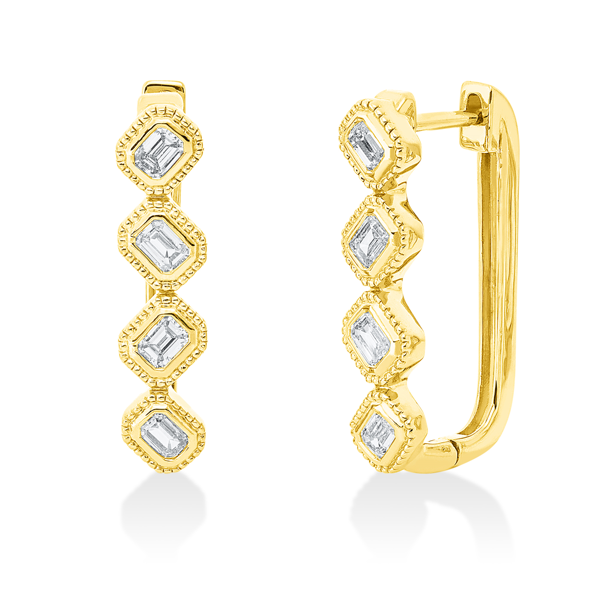 emerald cut  baguette hoops & huggies in yellow gold