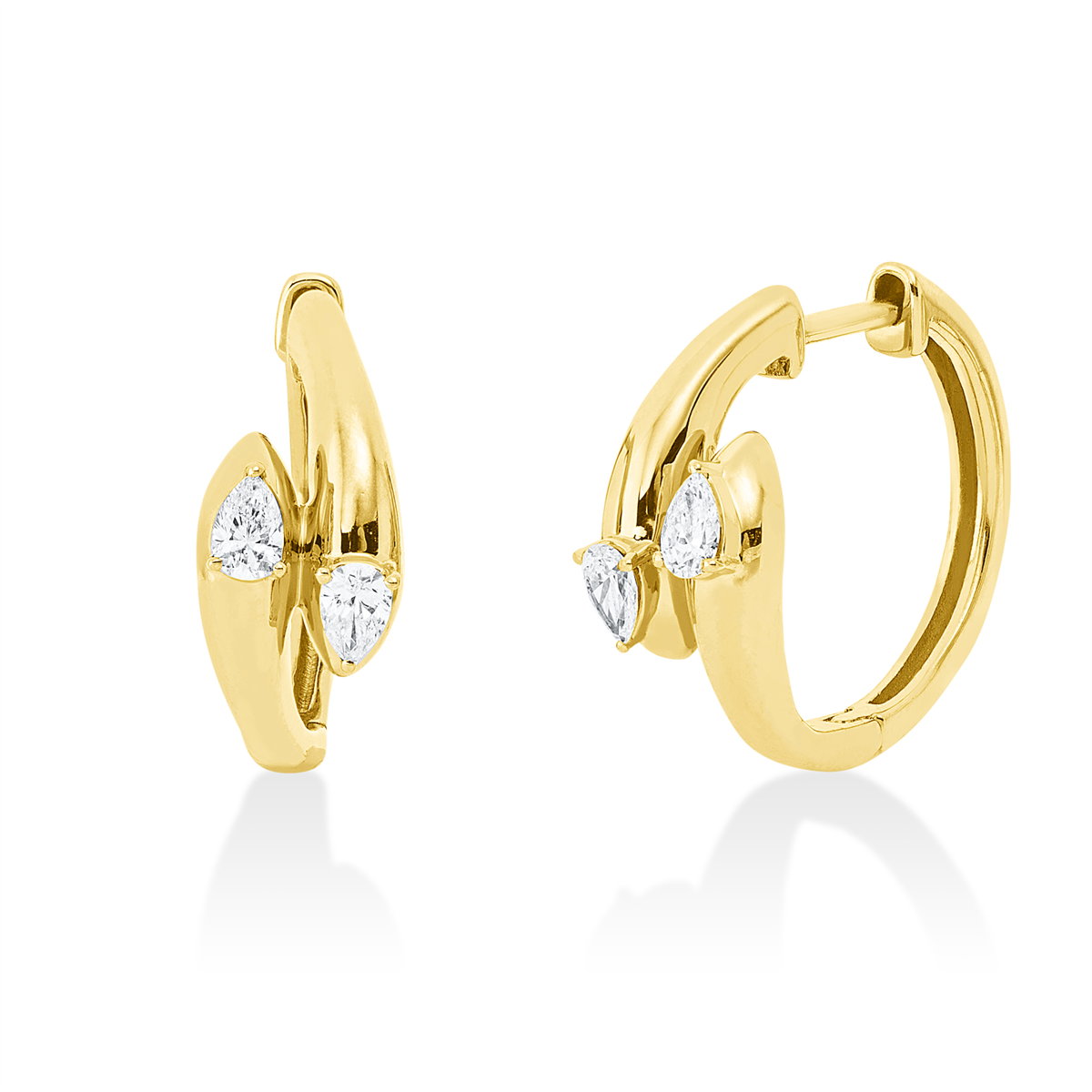 pear shape  modern woman hoops & huggies in yellow gold