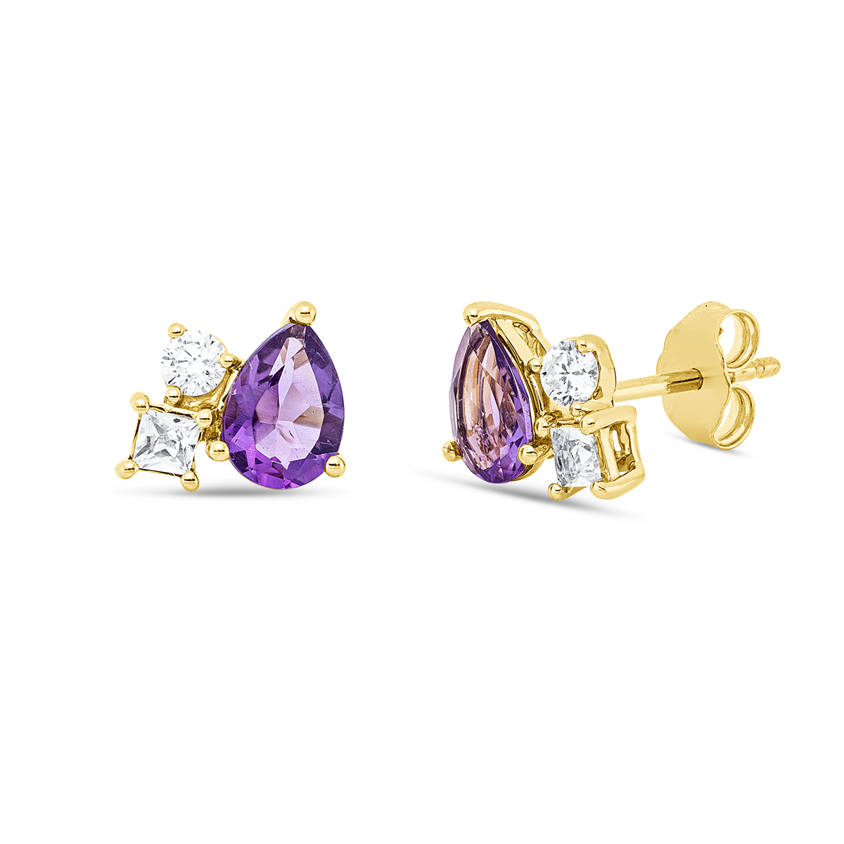 diamond full cut aquamarine colored stone classic studs in yellow gold