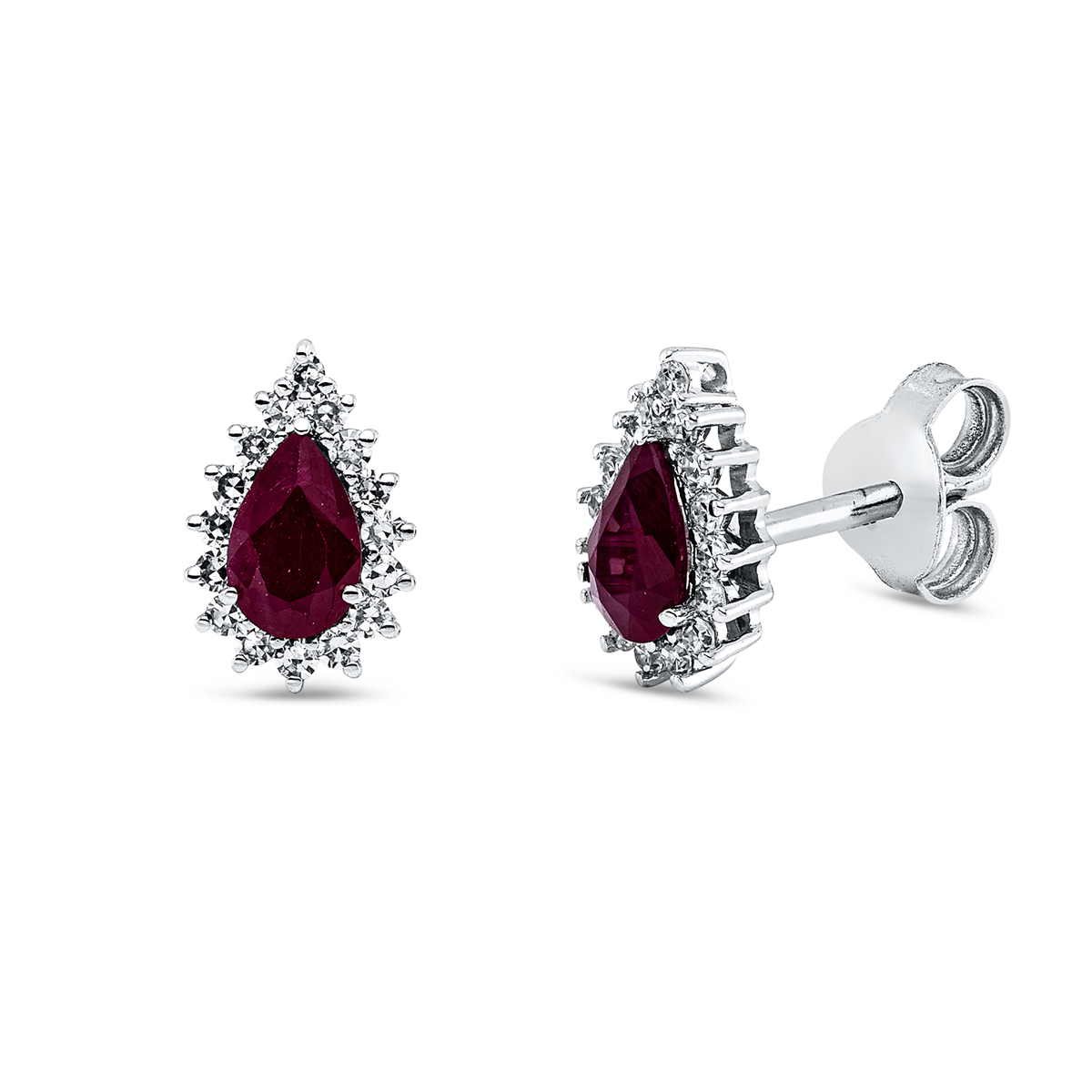diamond single cut ruby colored stone classic studs in white gold