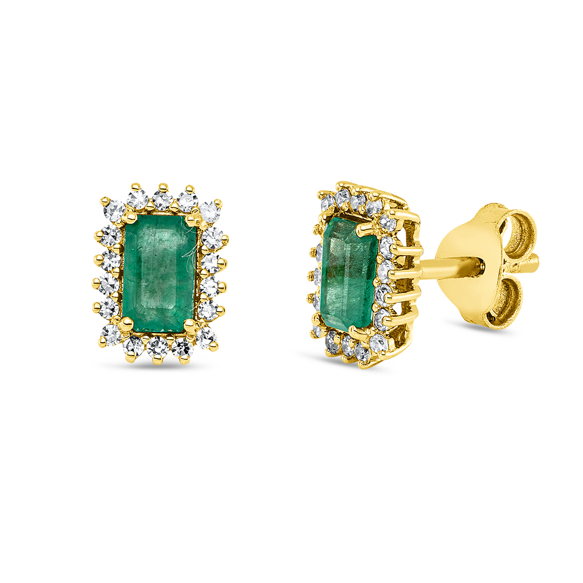 diamond single cut emerald colored stone classic studs in yellow gold