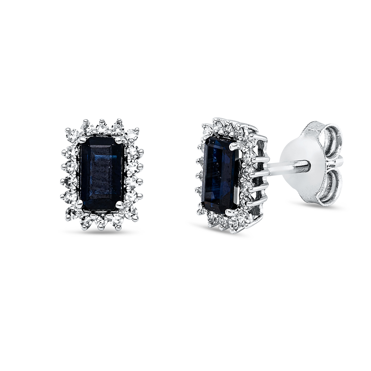 diamond single cut sapphire colored stone classic studs in white gold