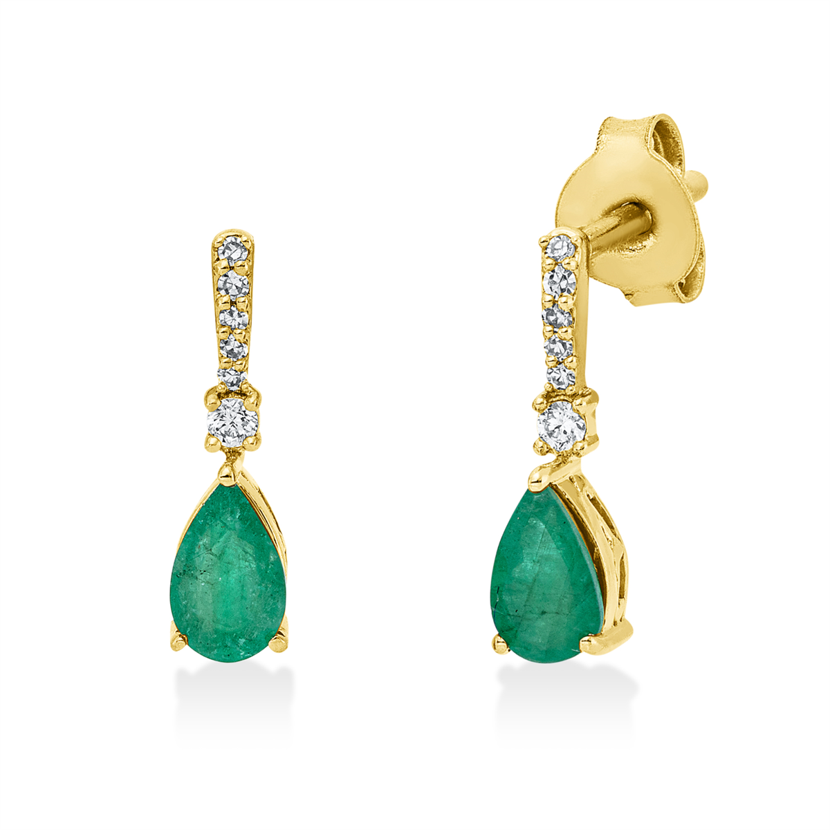 diamond single cut emerald colored stone classic earrings in yellow gold