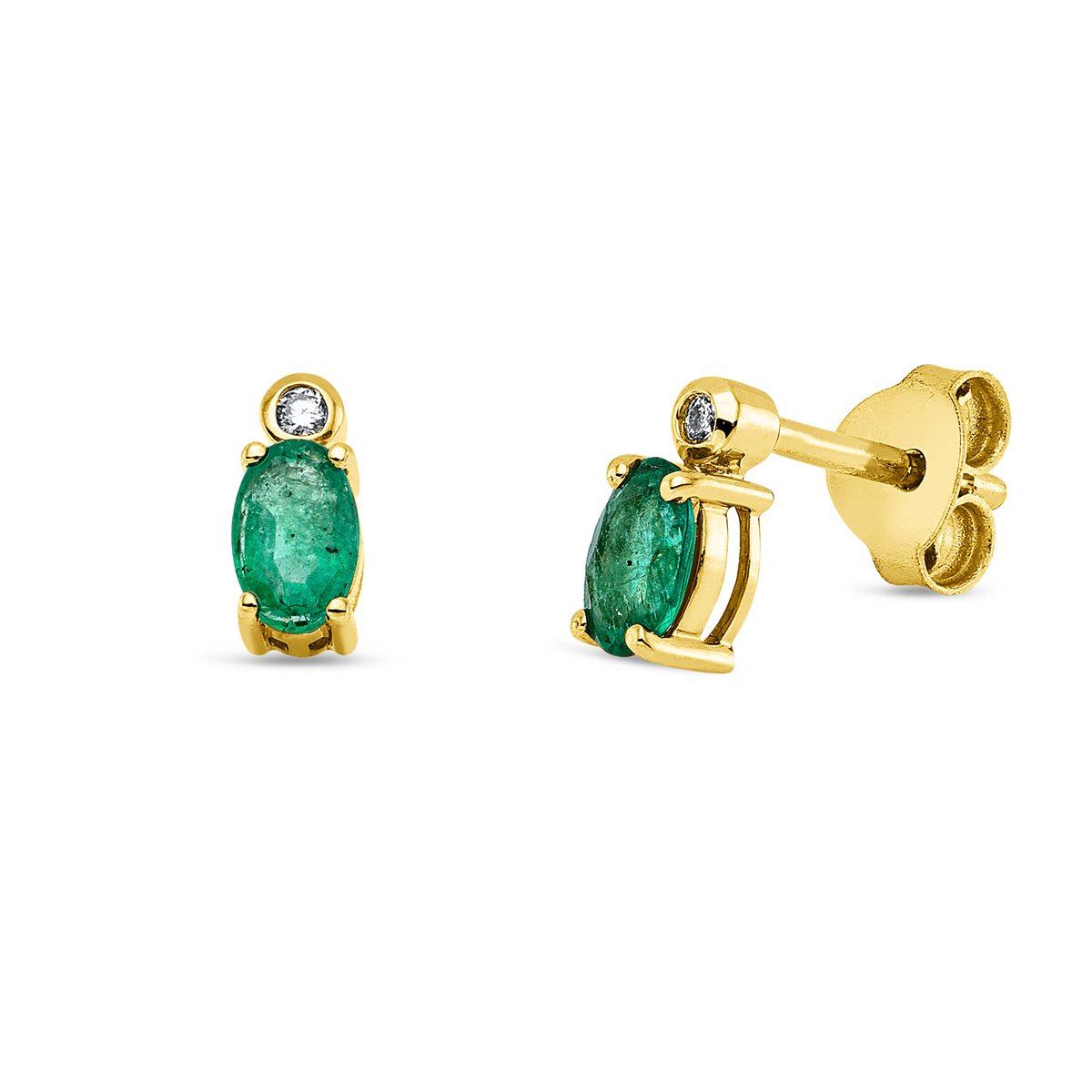 diamond full cut emerald colored stone classic studs in yellow gold