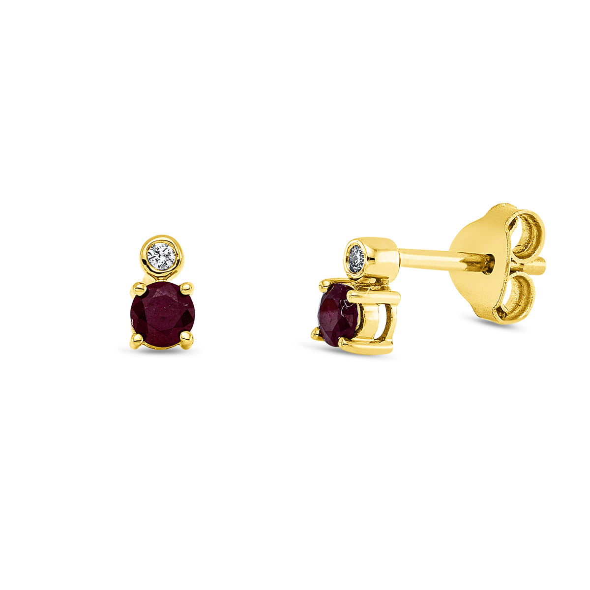 diamond full cut ruby colored stone classic studs in yellow gold