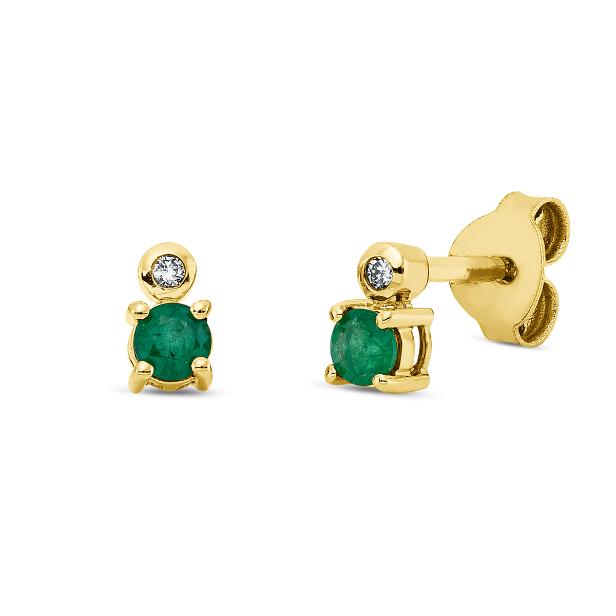 diamond full cut emerald colored stone classic studs in yellow gold