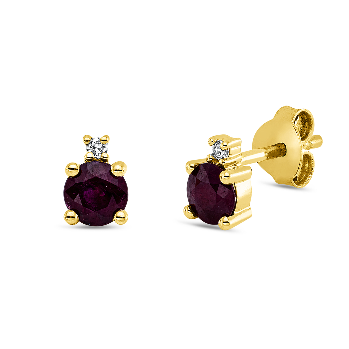 diamond full cut ruby colored stone classic studs in yellow gold