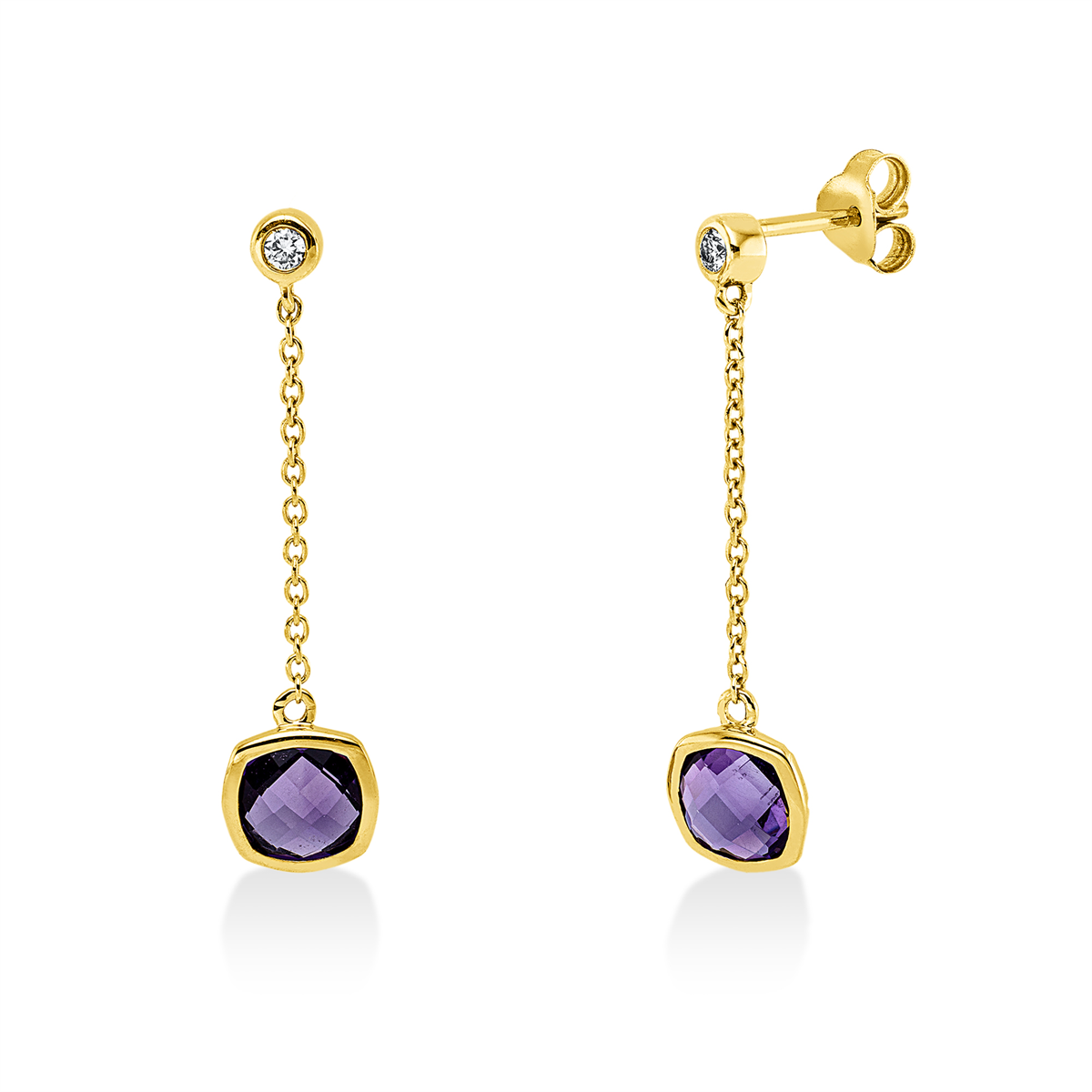 diamond full cut amethyst colored stone fashion earrings in yellow gold