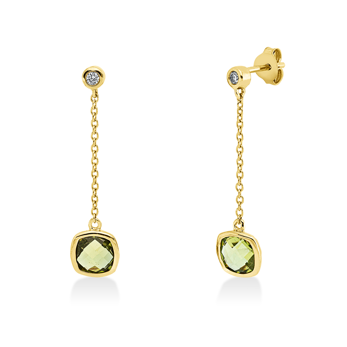 diamond full cut peridot colored stone fashion earrings in yellow gold