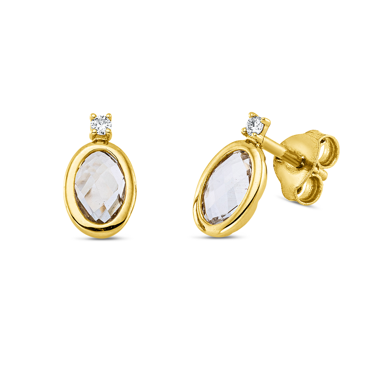diamond full cut amethyst colored stone fashion studs in yellow gold