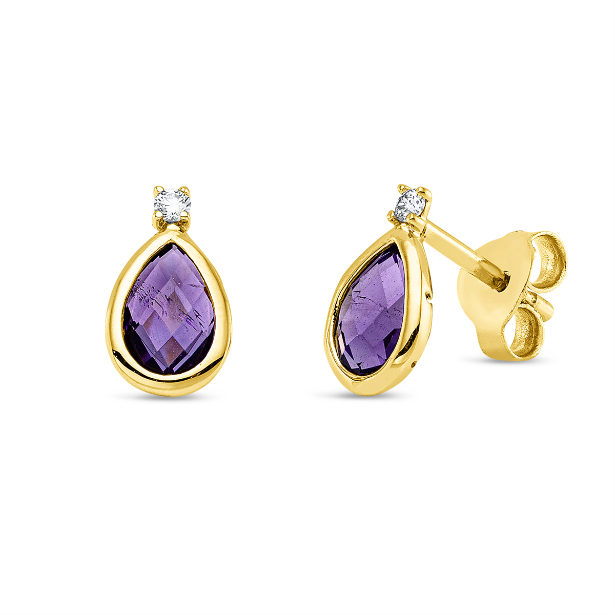 diamond full cut amethyst colored stone fashion studs in yellow gold