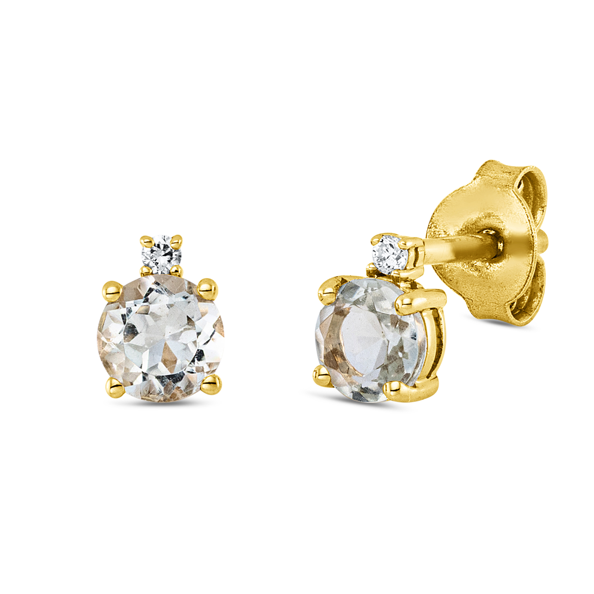 diamond full cut amethyst colored stone fashion studs in yellow gold