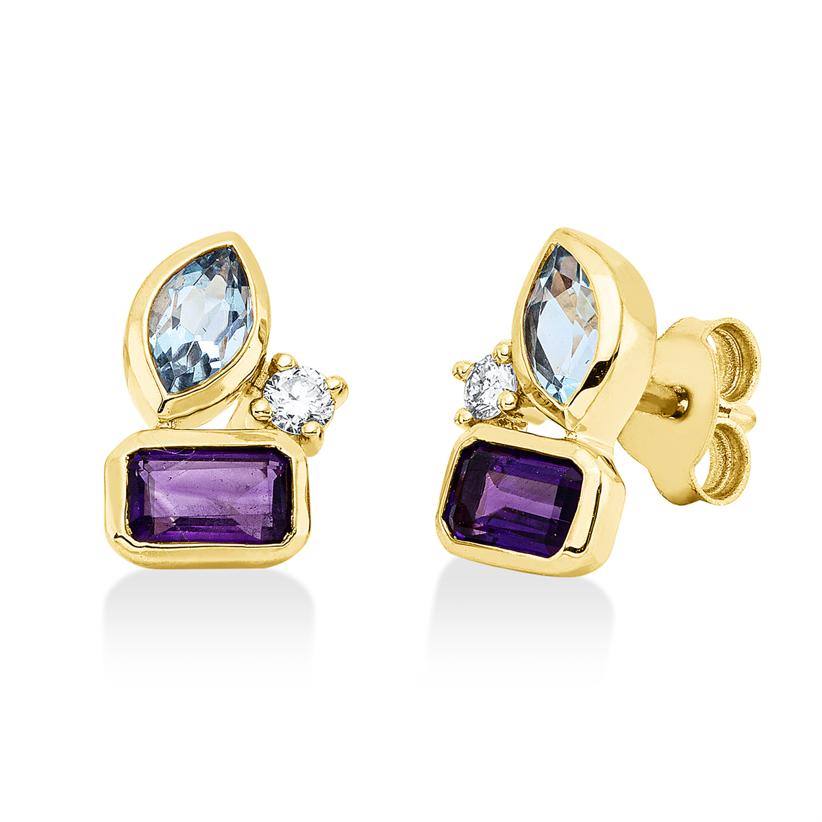 diamond full cut aquamarine colored stone fashion studs in yellow gold