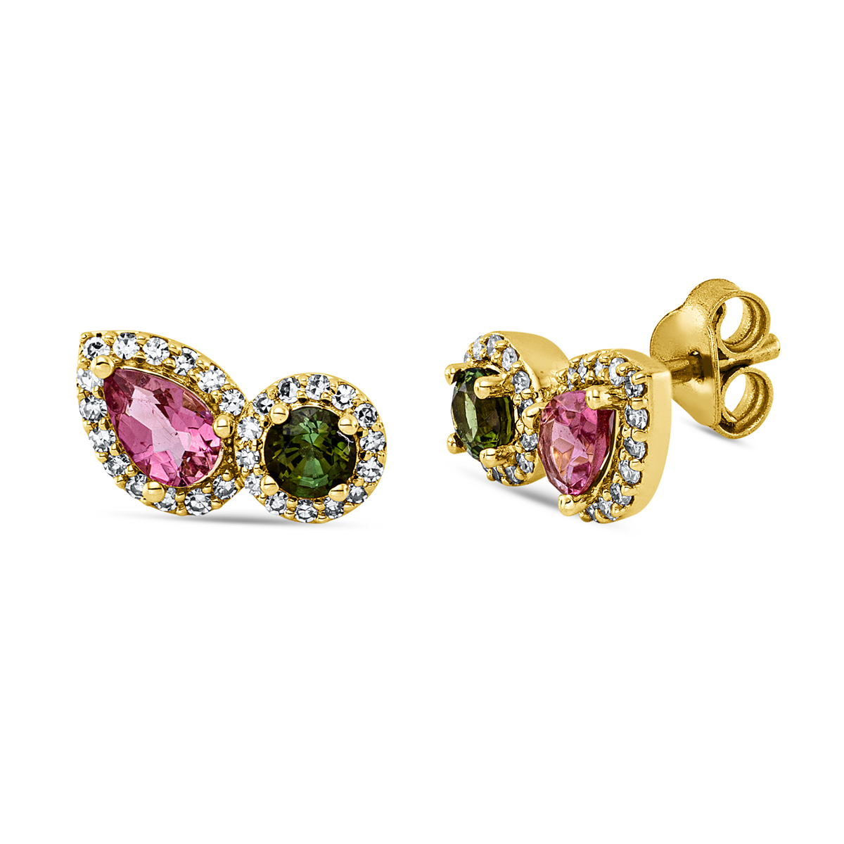 diamond single cut tourmaline colored stone classic studs in yellow gold