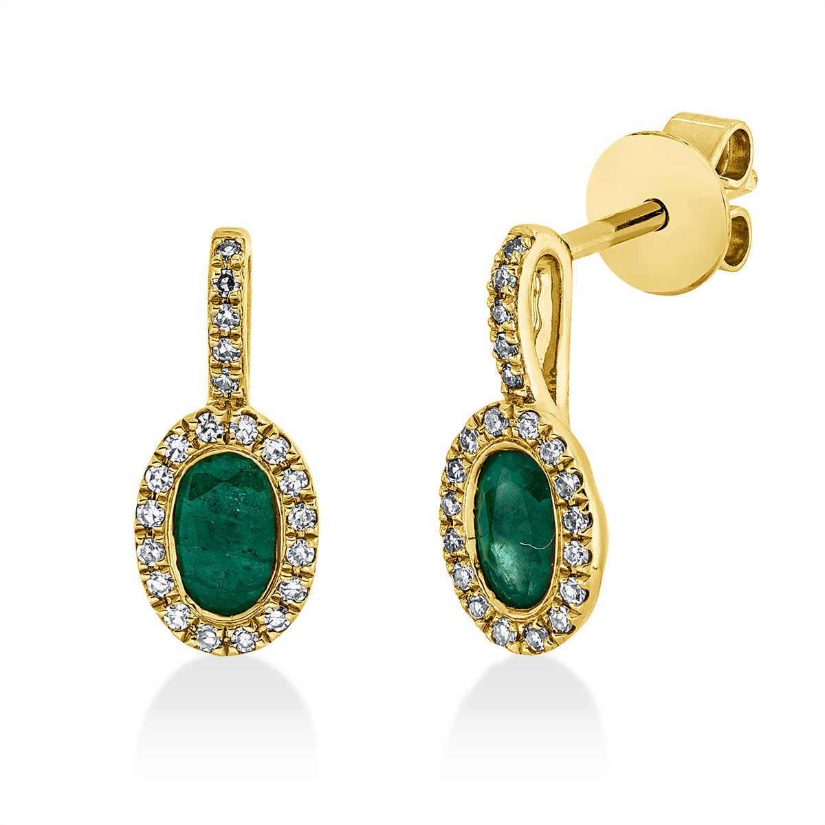 diamond single cut emerald colored stone classic earrings in yellow gold