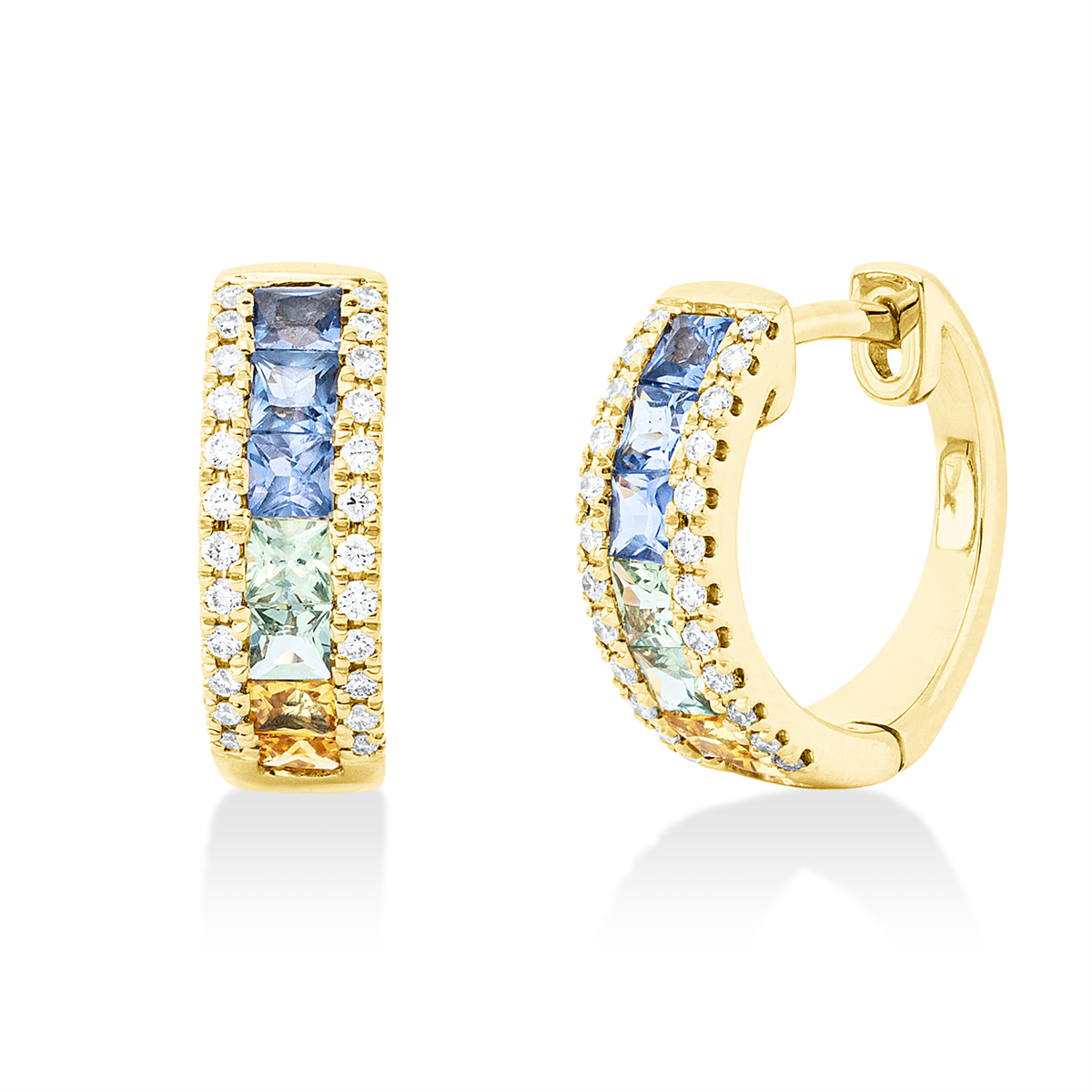 diamond full cut sapphire rainbow & multicolor hoops & huggies in yellow gold