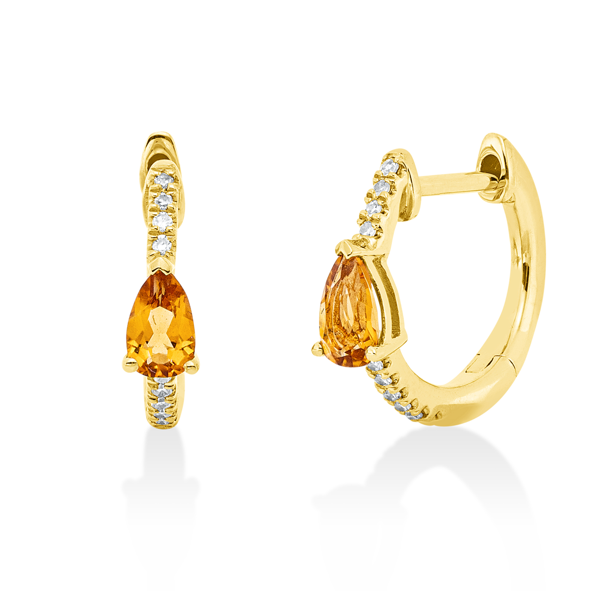 diamond full cut citrine colored stone fashion hoops & huggies in yellow gold