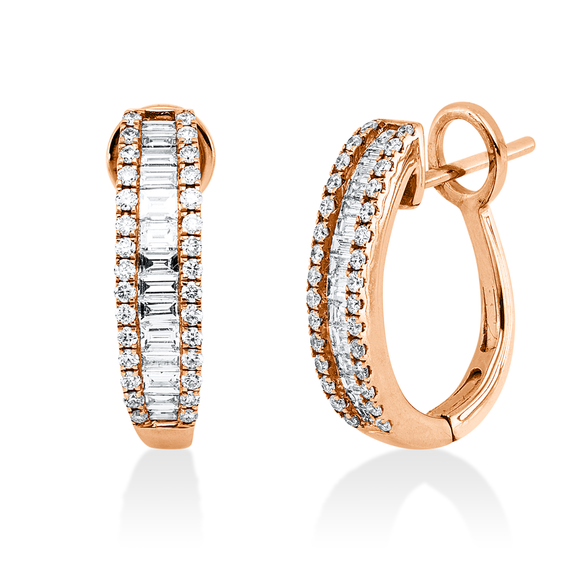diamond full cut  baguette hoops & huggies in red gold