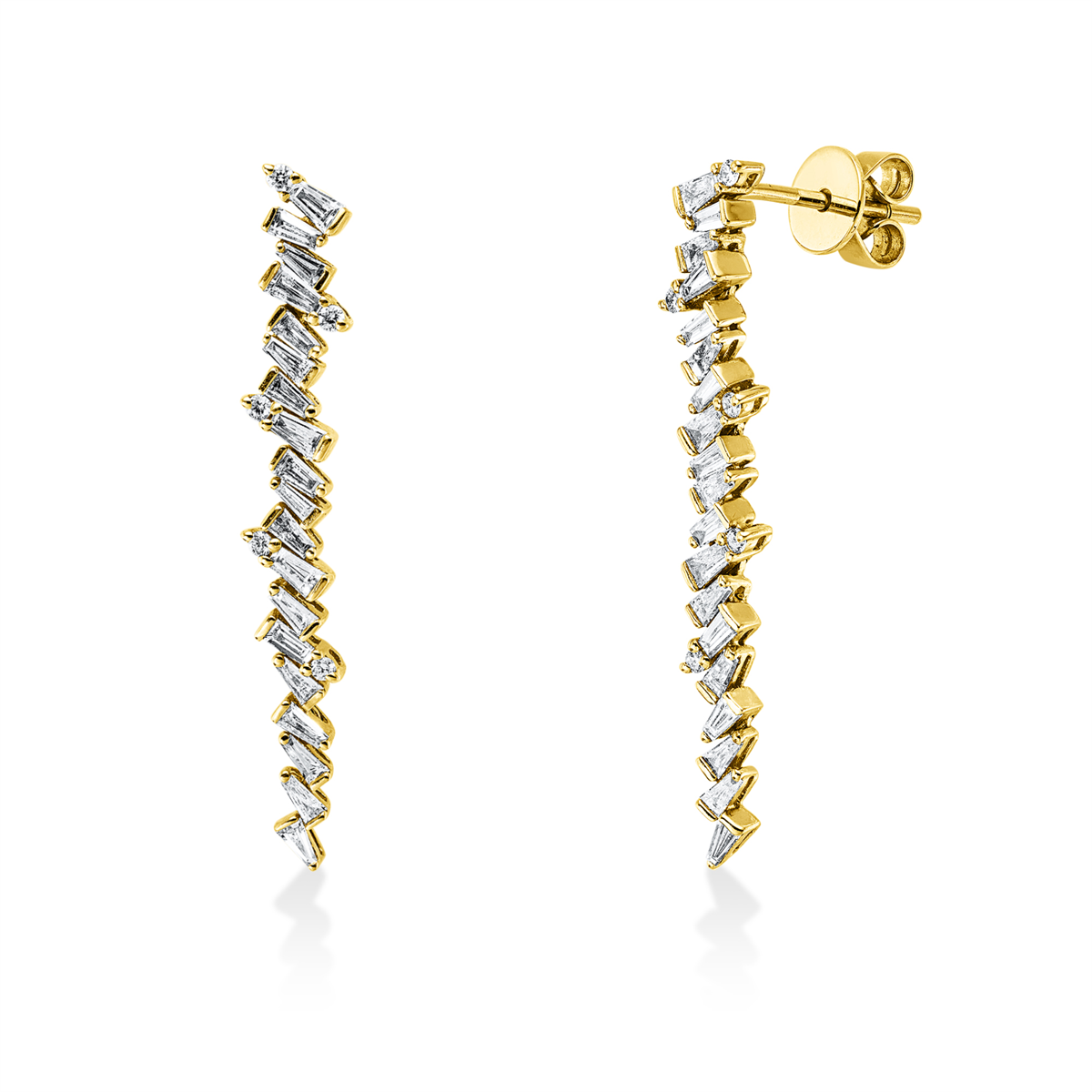 diamond full cut  baguette earrings in yellow gold