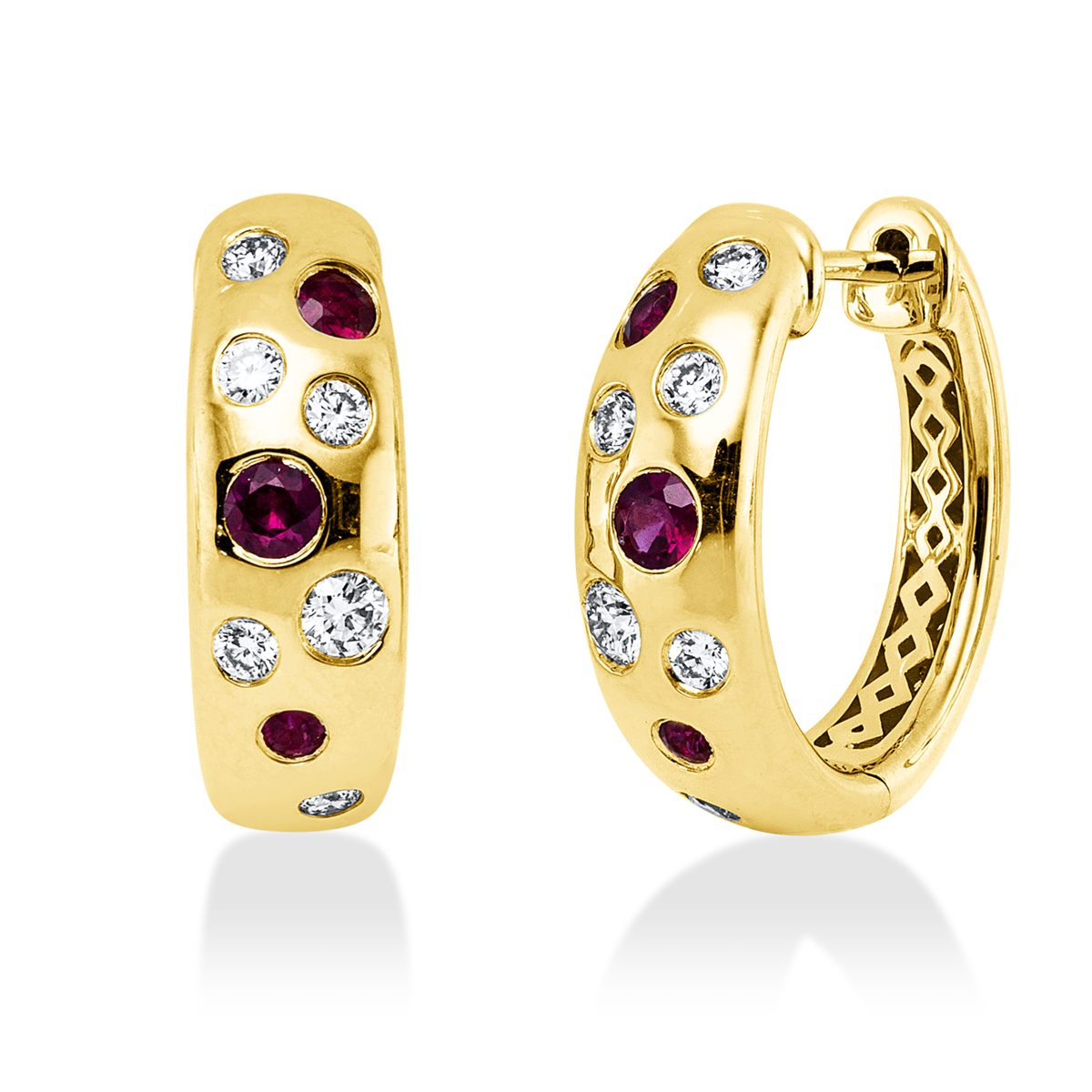 diamond full cut ruby colored stone classic hoops & huggies in yellow gold