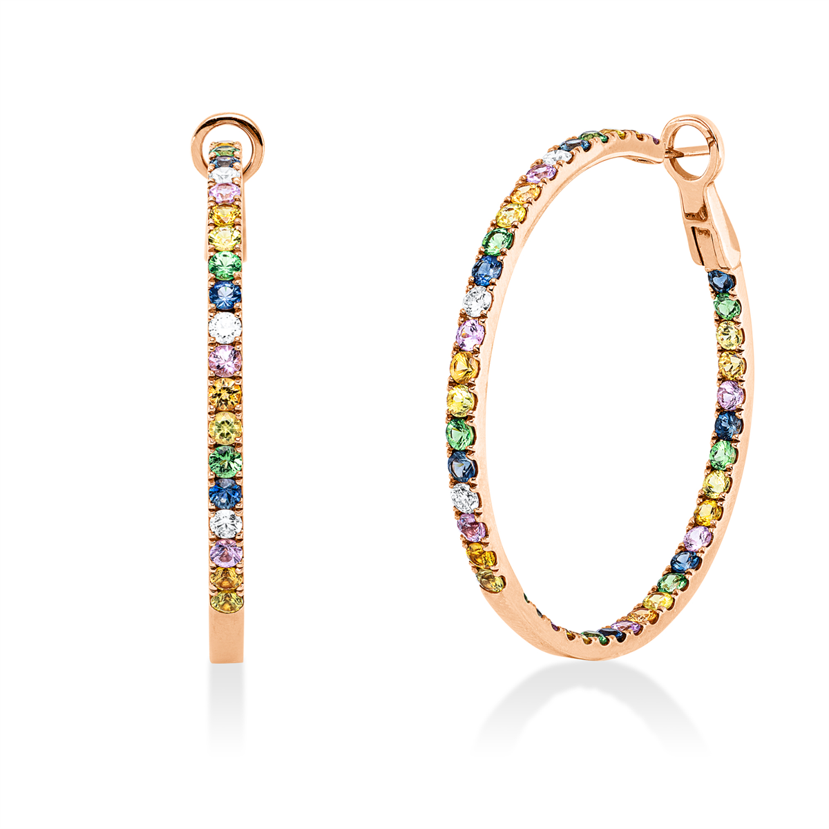 diamond full cut sapphire colored stone classic hoops & huggies in red gold
