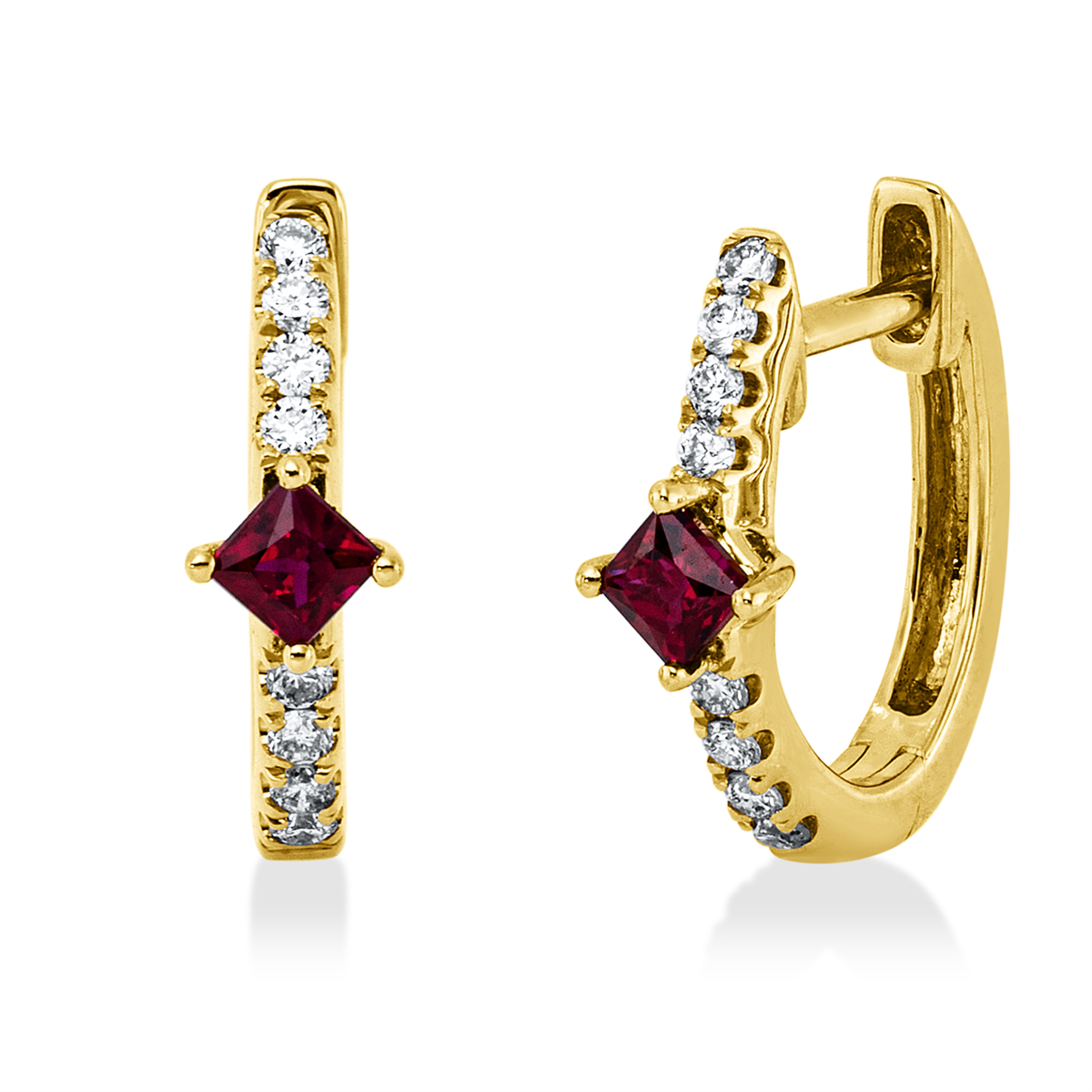 diamond full cut ruby colored stone classic hoops & huggies in yellow gold
