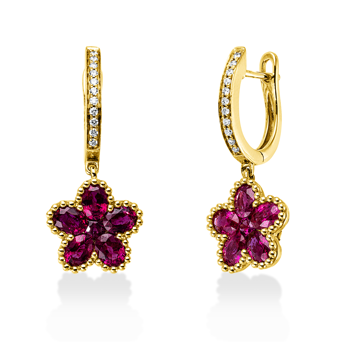 diamond full cut ruby colored stone classic earrings in yellow gold